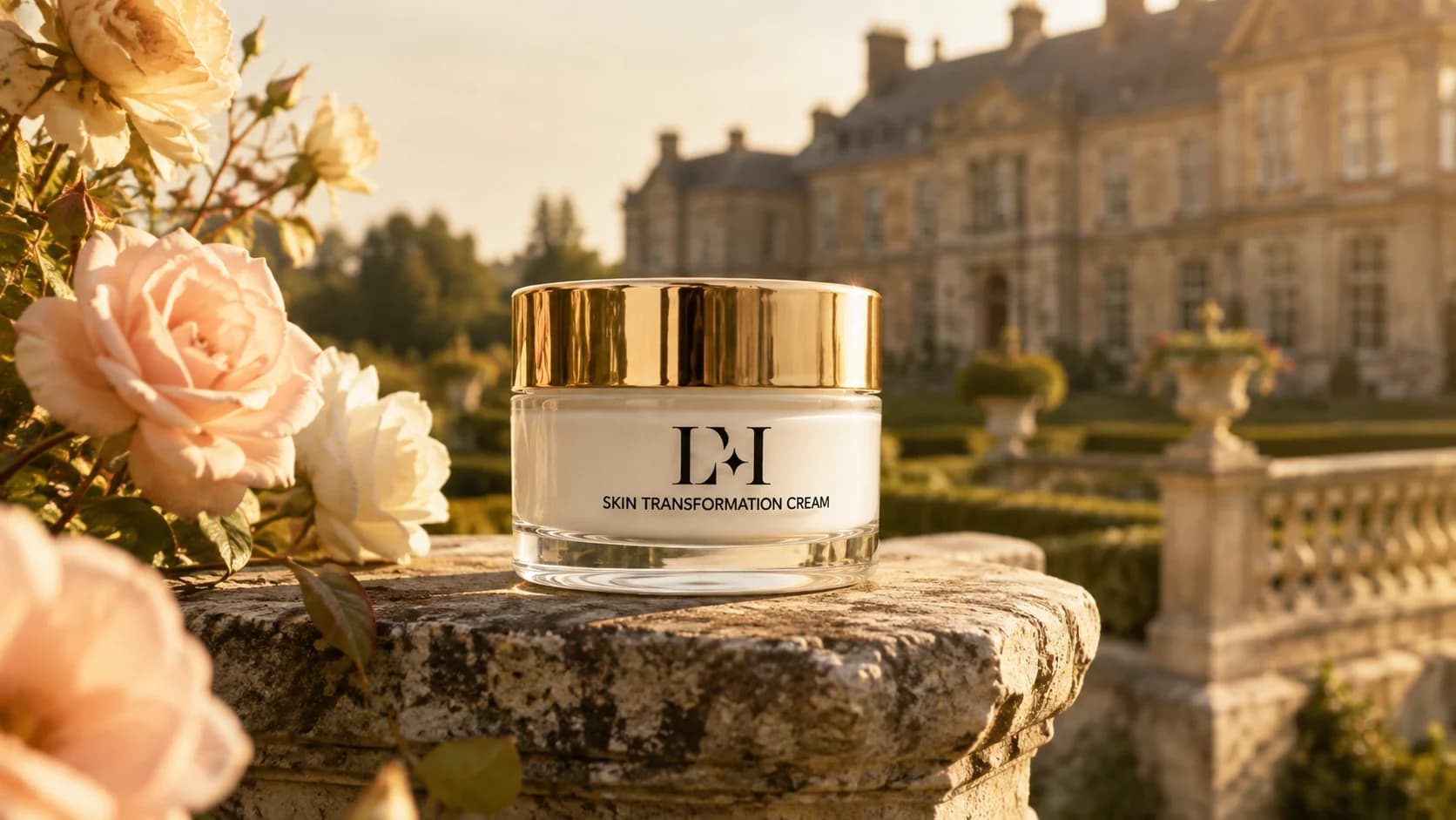 Luminous Me Skin Transformation Cream in a sunlit British rose garden